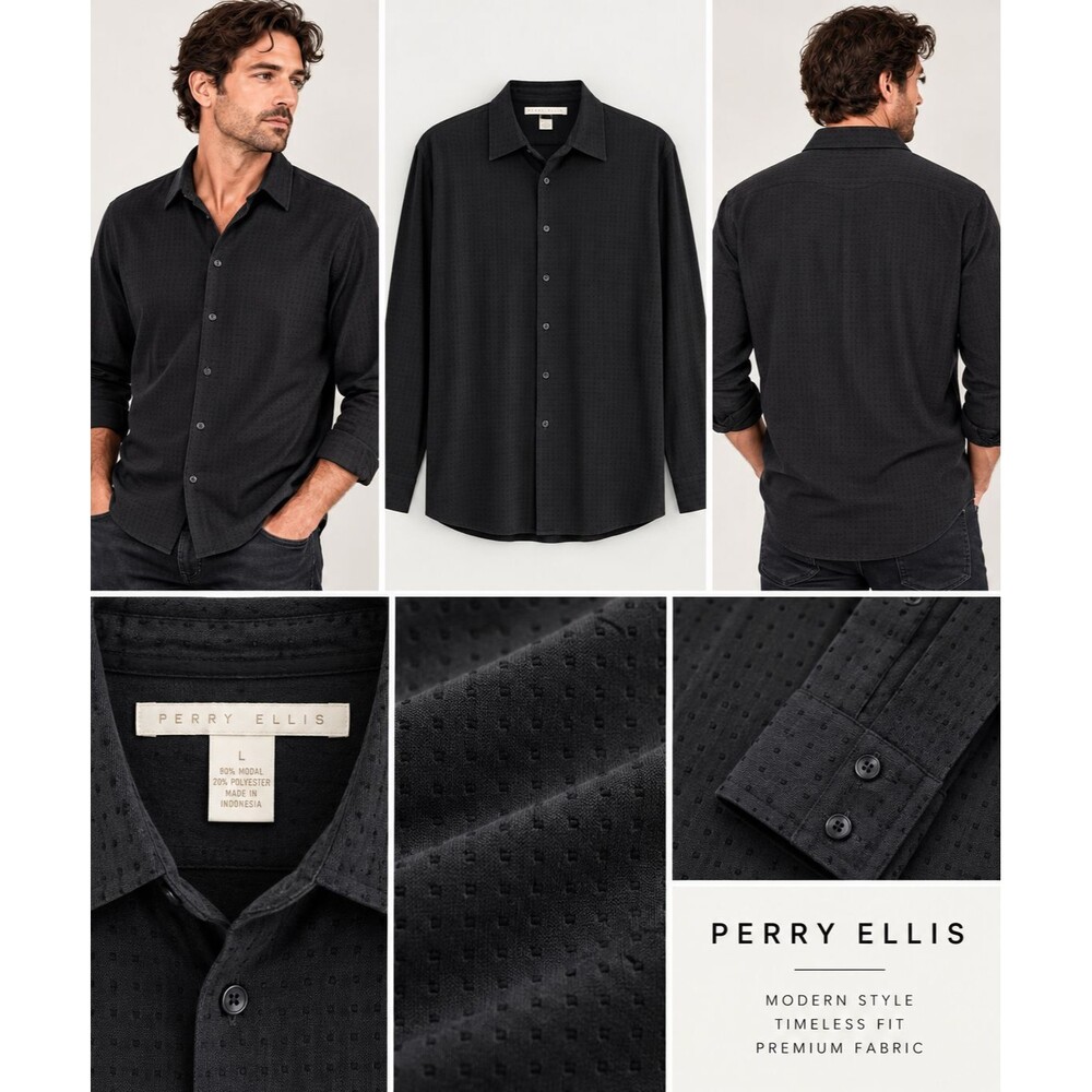 Perry Ellis Mens L Black Textured Jacquard Button Down Shirt Long Sleeve